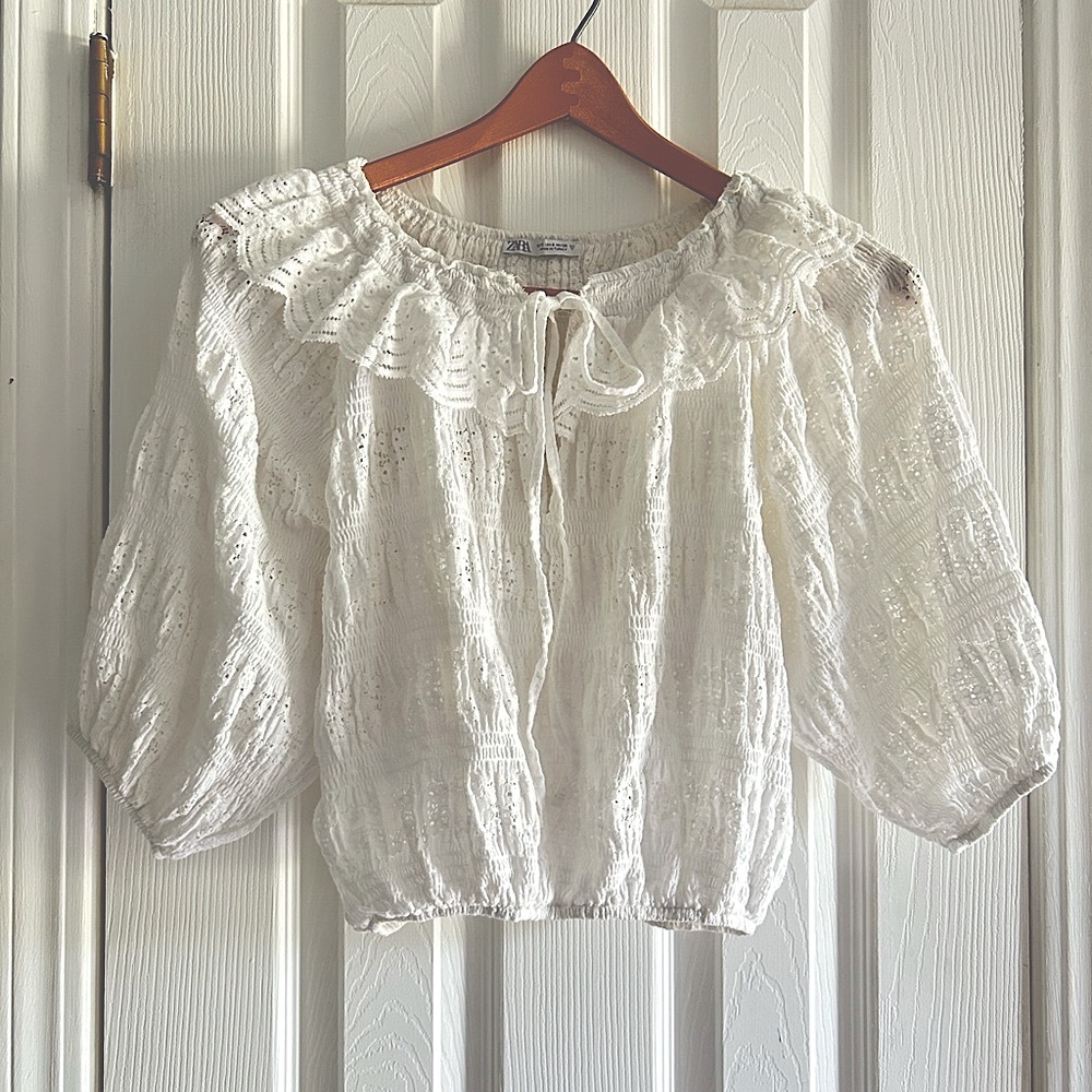 Zara White Puff Sleeve Cropped Blouse